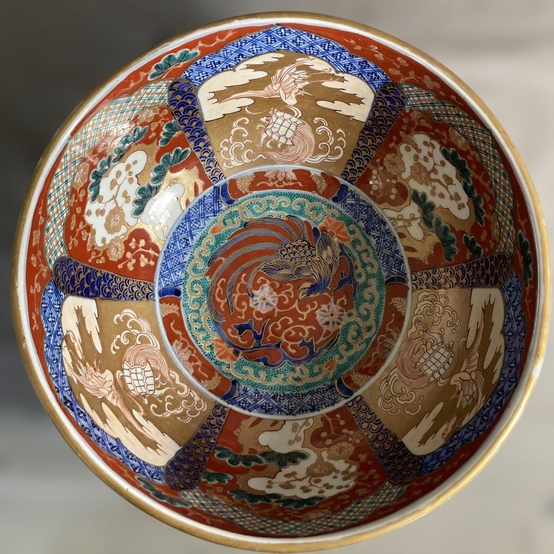 【古伊万里文】古伊万里の伝統　古伊万里文　極錦三方割鶴亀松梅鳳凰見込文　大深鉢