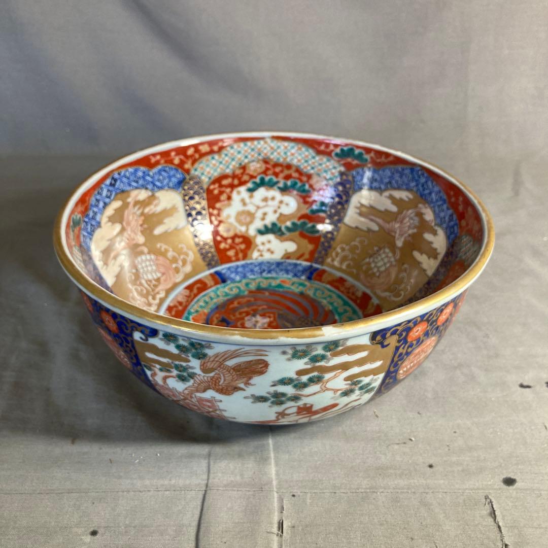 【古伊万里文】古伊万里の伝統　古伊万里文　極錦三方割鶴亀松梅鳳凰見込文　大深鉢