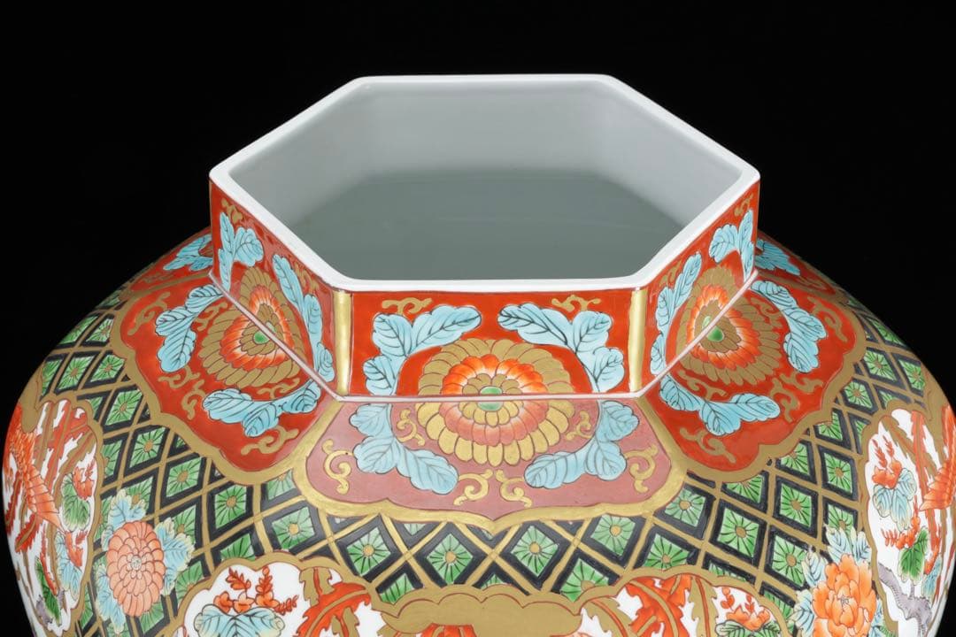 有田焼 耕右衛門 染錦窓絵鳳凰花尽之図 獅子摘蓋特大三段壺 沈香壺 飾壷 86㎝