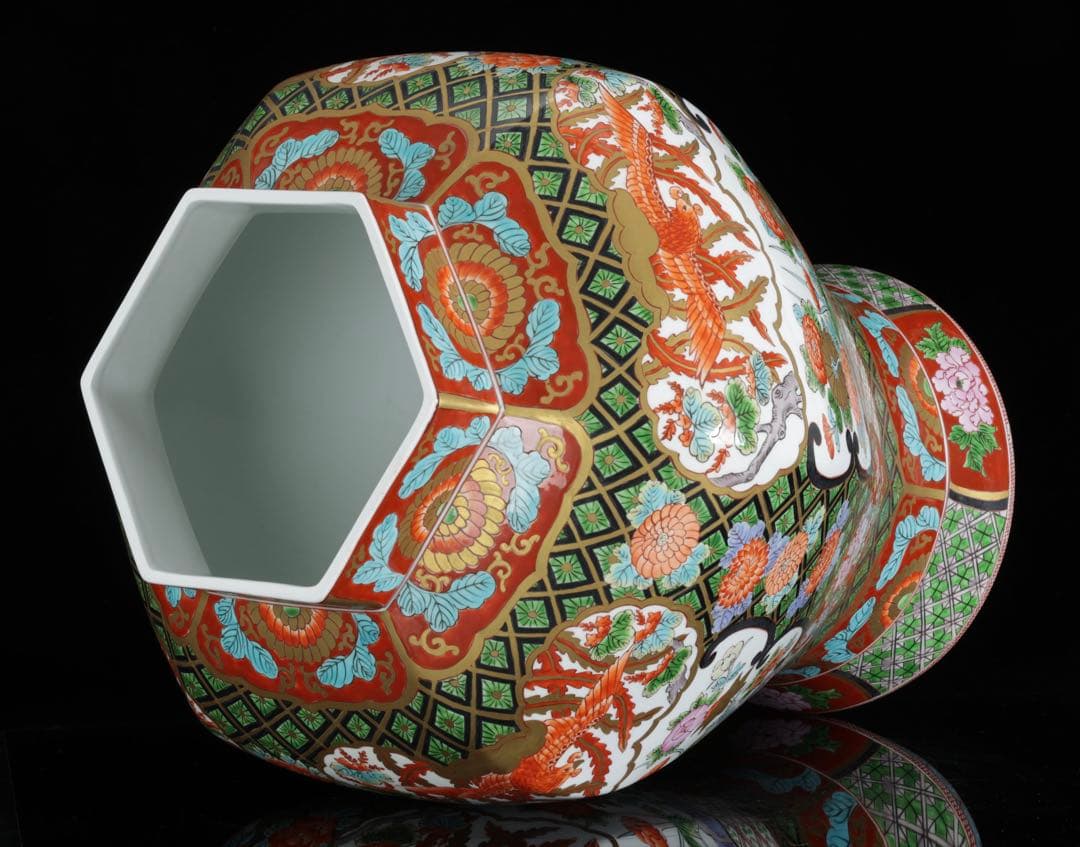 有田焼 耕右衛門 染錦窓絵鳳凰花尽之図 獅子摘蓋特大三段壺 沈香壺 飾壷 86㎝