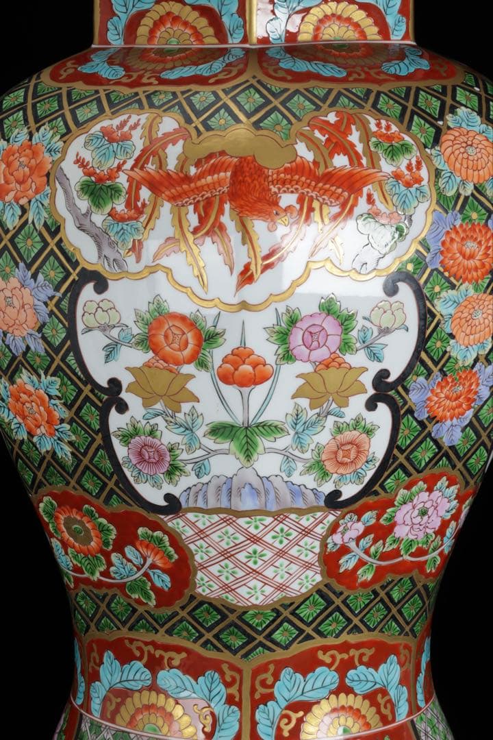 有田焼 耕右衛門 染錦窓絵鳳凰花尽之図 獅子摘蓋特大三段壺 沈香壺 飾壷 86㎝