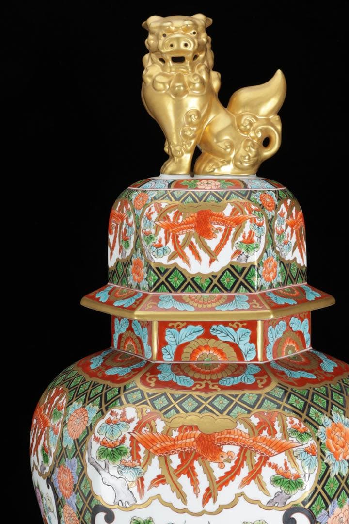 有田焼 耕右衛門 染錦窓絵鳳凰花尽之図 獅子摘蓋特大三段壺 沈香壺 飾壷 86㎝