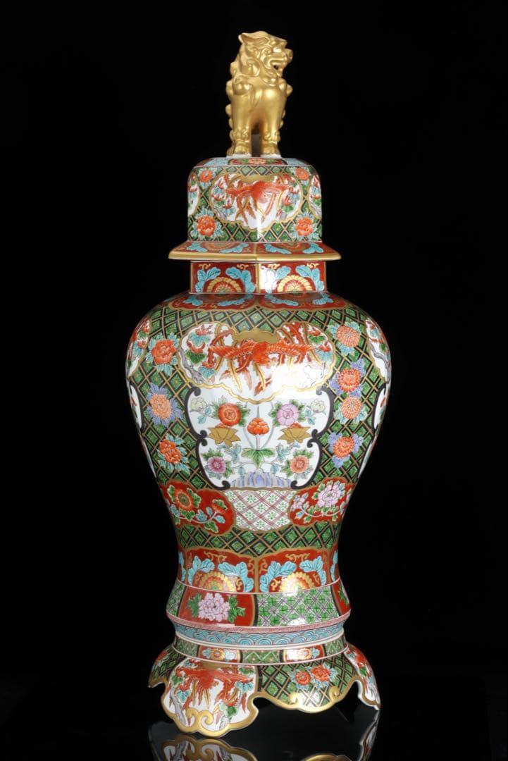 有田焼 耕右衛門 染錦窓絵鳳凰花尽之図 獅子摘蓋特大三段壺 沈香壺 飾壷 86㎝