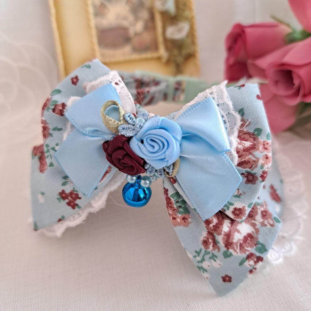 ローズ柄(チョコ&ミント)わんちゃん猫ちゃん用襟付首輪