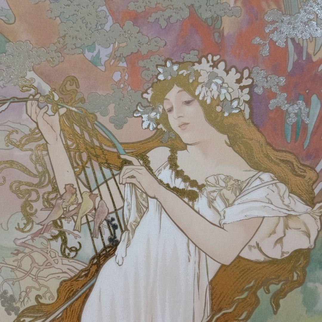 新品アルフォンス・ミュシャ　リトグラフ『四季シリーズ春』、エンボスマーク入、共箱