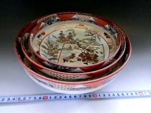 鉢■古九谷製赤絵窓武者図三つ鉢(江戸後期～明治期)大鉢 武士 三鉢 時代物骨董■