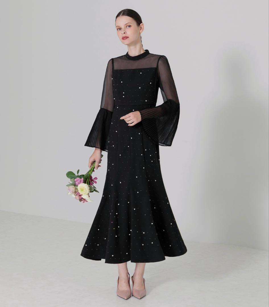 lejaフレアスリーブ ビーズ装飾 黒ドレス Sサイズ