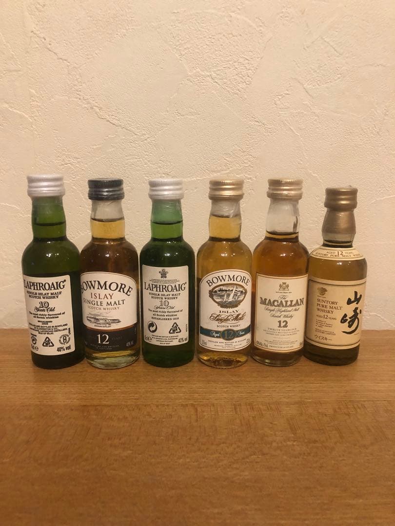ウイスキーラフロイグボウモアマッカラン、山﨑、ミニチュアオールドボトル6本セット