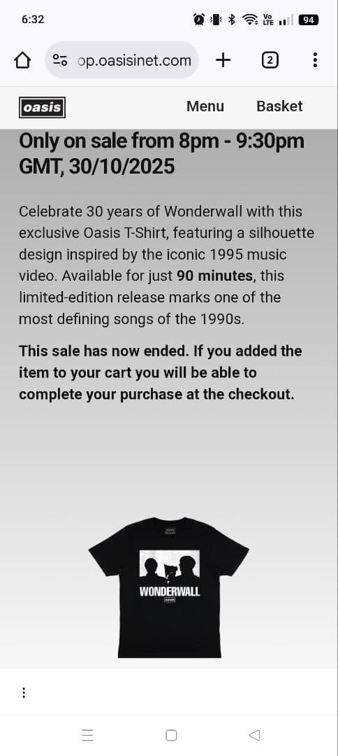 Oasis Wonderwall Tシャツ 30周年記念 限定版