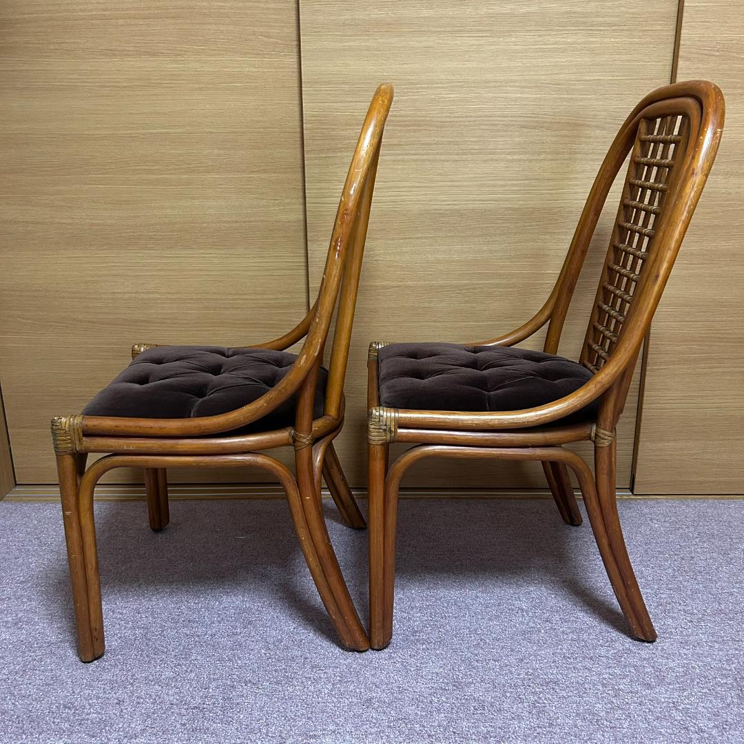 ヴィンテージ　ラタン　ダイニングテーブルセット　ガラステーブル　椅子2脚付き