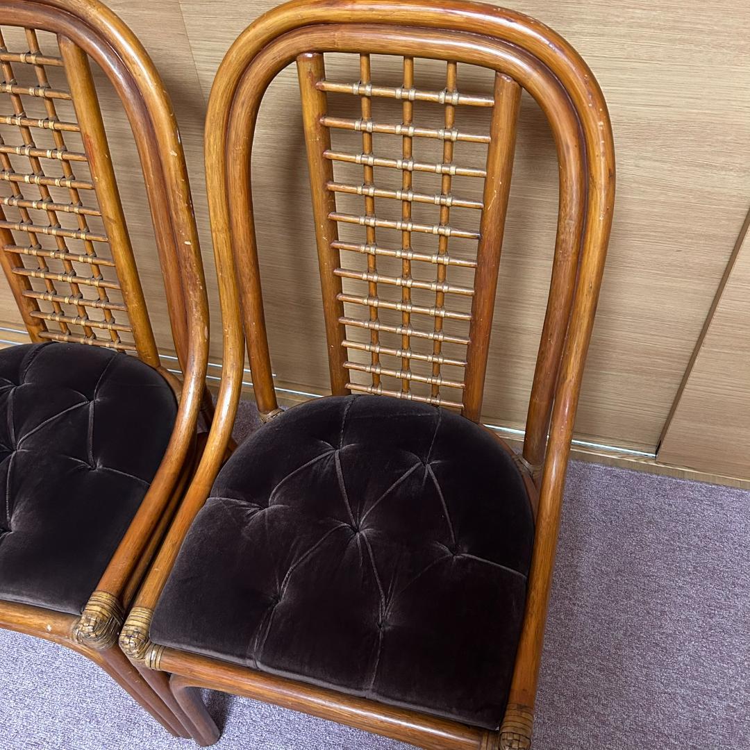 ヴィンテージ　ラタン　ダイニングテーブルセット　ガラステーブル　椅子2脚付き