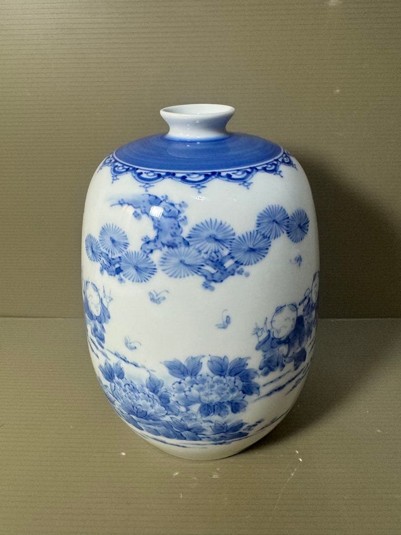 2568 平戸祐祥　染付　唐子絵　花瓶　未使用