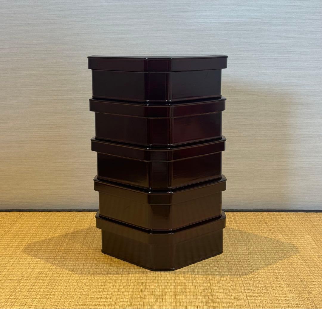 大徳寺形 溜塗 縁高 5客 共箱 弁当箱 茶懐石道具 木製漆器