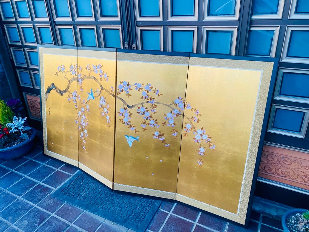 金箔使用 桜と小鳥の日本画屏風