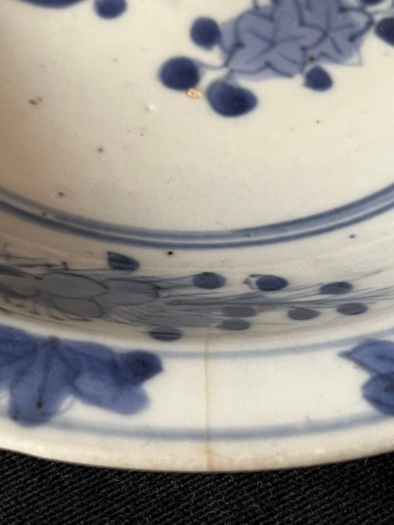 もう極めて貴重 ！藍九谷後期中皿 独特の釉薬 素朴な野草の絵付け 僅かな傷故安い