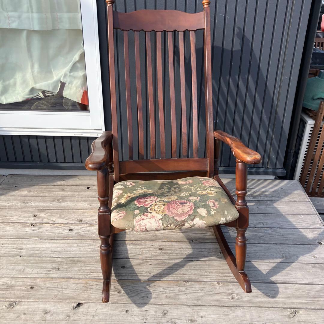 昭和レトロ ヴィンテージ 花柄 木製ロッキングチェア アームチェア 古道具古家具