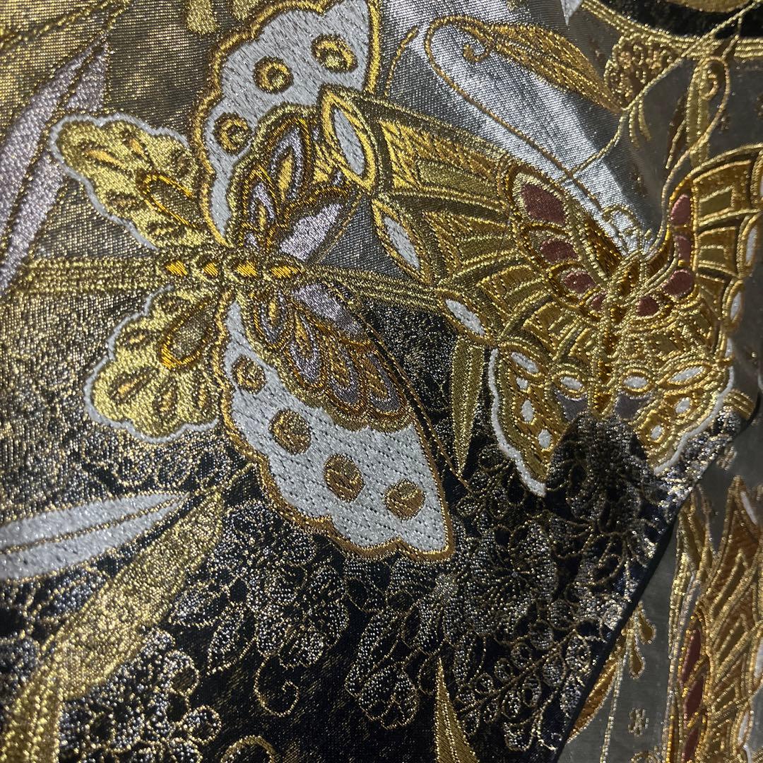 蝶の刺繍 袋帯 黒金