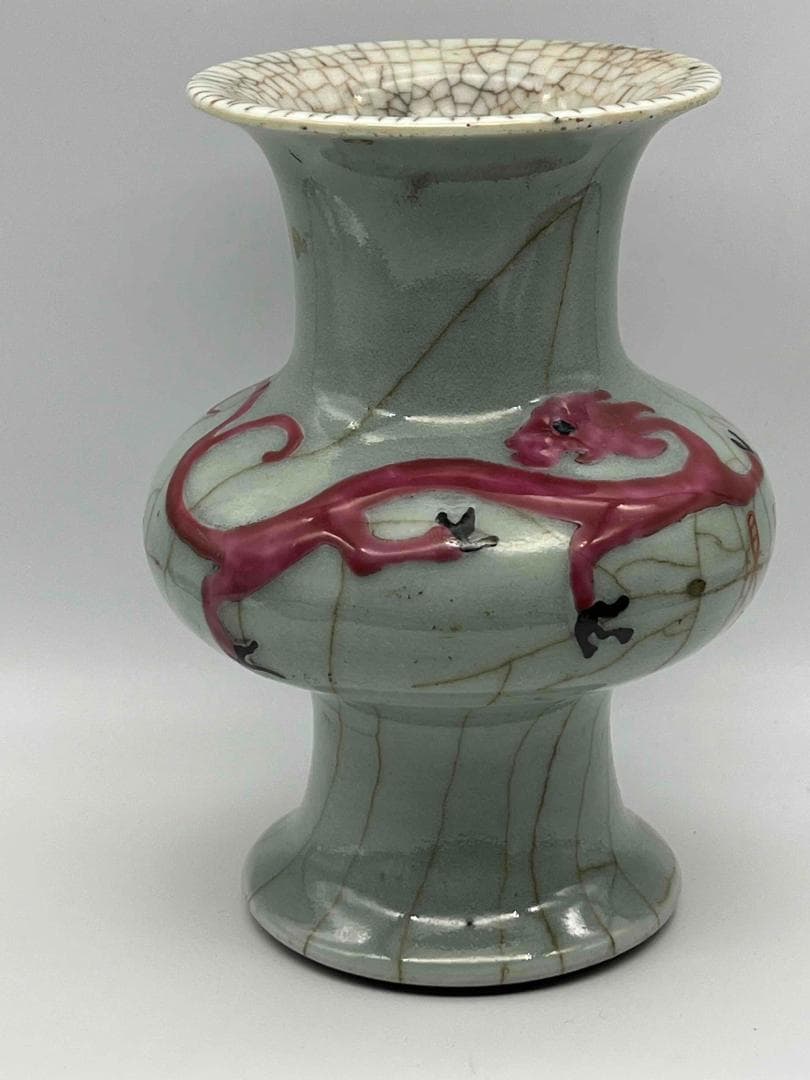 清康熙時代 墨書【康熙年製】在銘官汝窯 郊壇 粉彩炉鼎文 詩文花觚 (C-78)