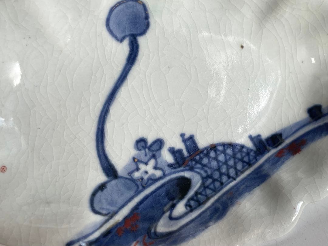 骨董　アンティーク　古九谷金銀彩　蛇籠文様　葉形　皿　変形皿　甘手