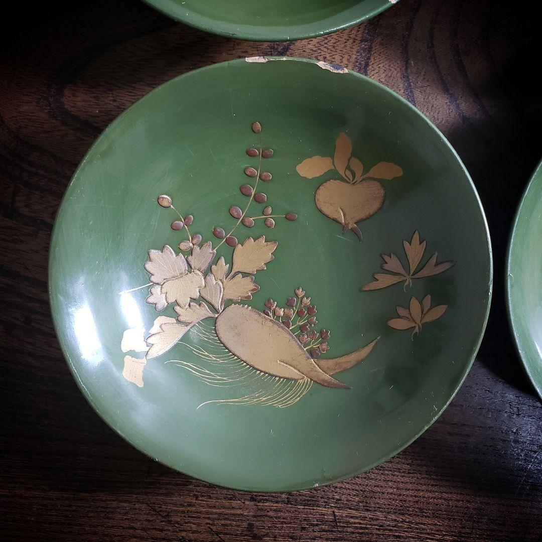 銘々皿　漆器　緑漆　青地　小皿　木製　金蒔絵　蕪　大根　なずな　明治　4枚　ロ号