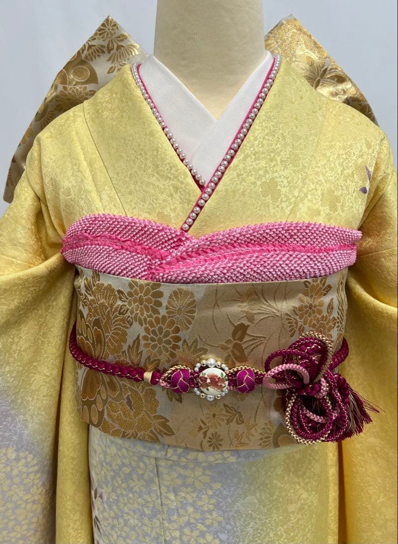 振り袖　フルセット　小柄な方に♪ 正絹長襦袢付　イエロー　桜　成人式　649