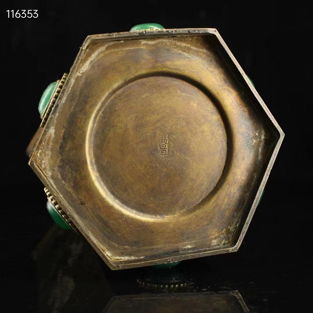 中国古美術・珍蔵純銅製・純手作り・仕女絵宝石入り筆立・文房置物・書道品·純手彫り