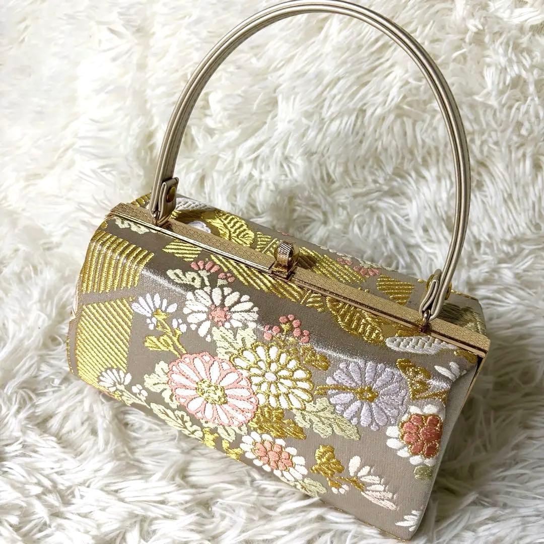 和装 フォーマルバッグ 金襴 花文様 シャンパンゴールド 式典 留袖 訪問着