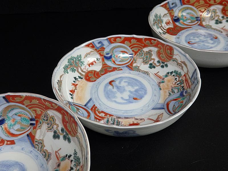 古伊万里　金襴手　熨斗に宝珠　山水の図　膾皿　３客　D761A-BHj