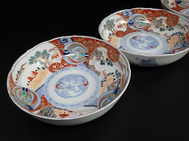 古伊万里　金襴手　熨斗に宝珠　山水の図　膾皿　３客　D761A-BHj