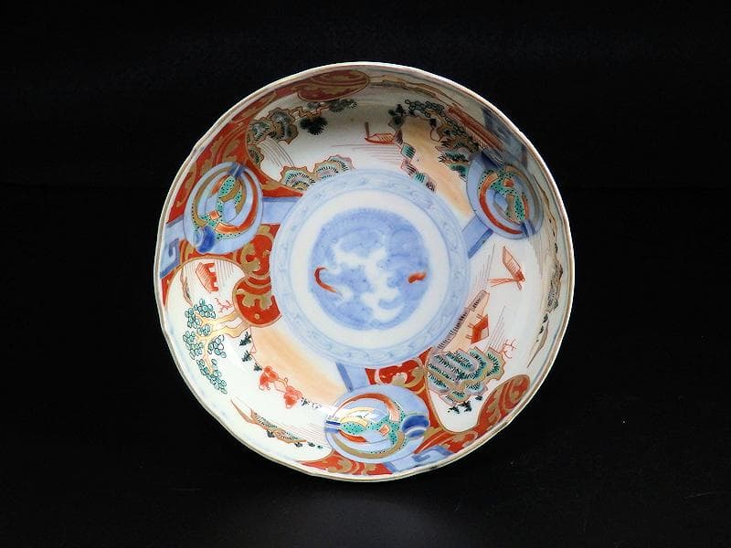 古伊万里　金襴手　熨斗に宝珠　山水の図　膾皿　３客　D761A-BHj