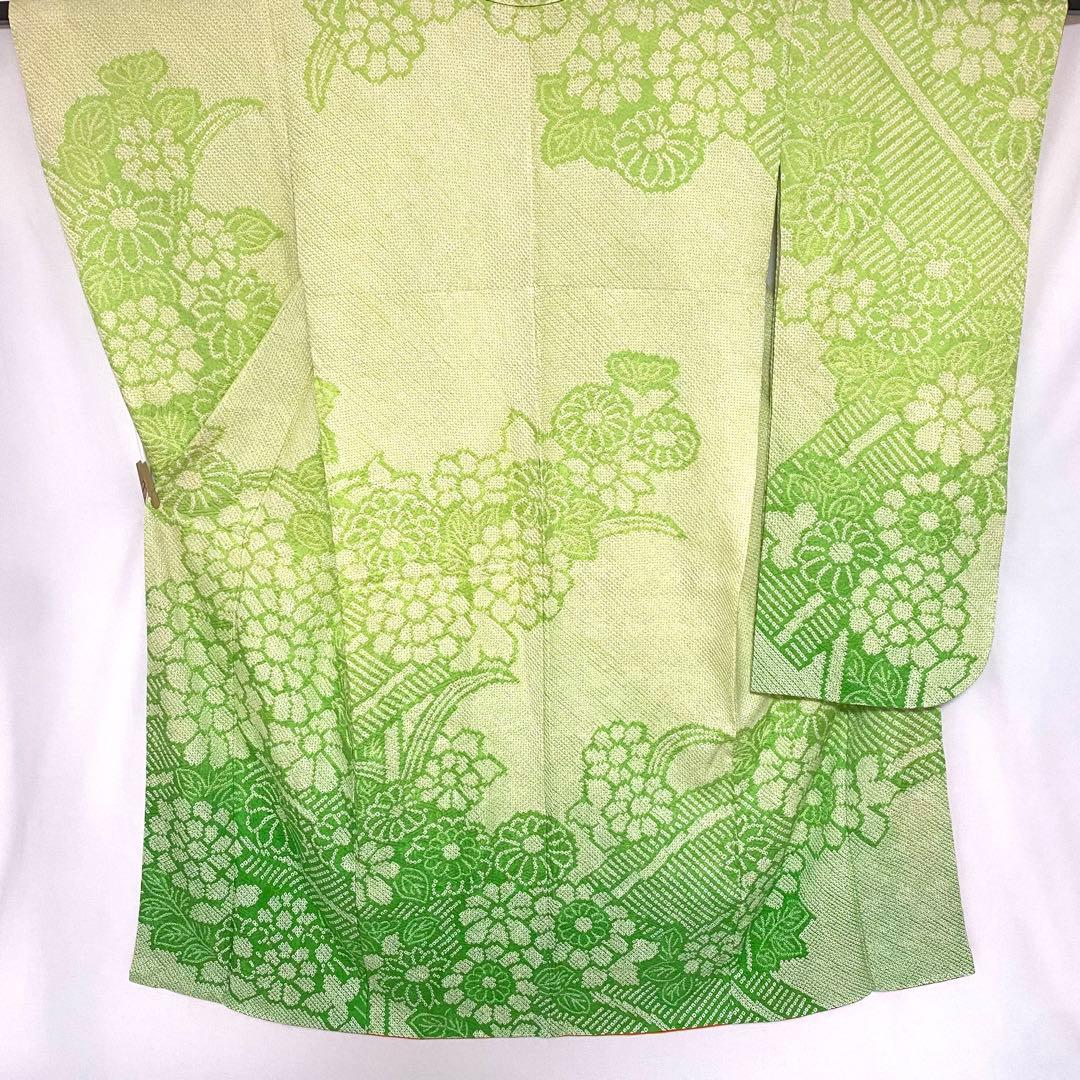 5k502 振袖　正絹　袷　総絞り　中振袖　緑　白　花柄　和装　着物