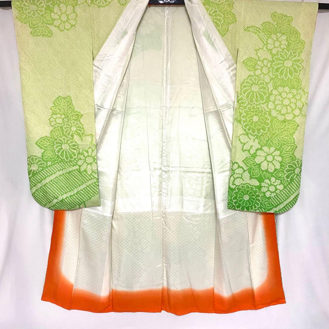 5k502 振袖　正絹　袷　総絞り　中振袖　緑　白　花柄　和装　着物