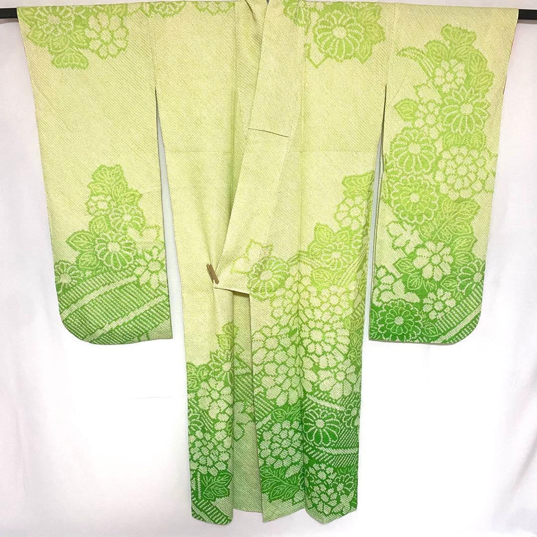 5k502 振袖　正絹　袷　総絞り　中振袖　緑　白　花柄　和装　着物