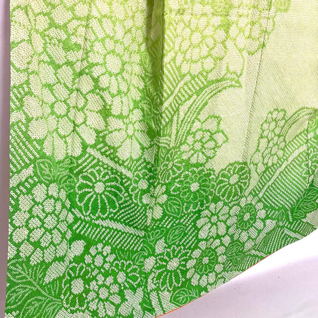 5k502 振袖　正絹　袷　総絞り　中振袖　緑　白　花柄　和装　着物