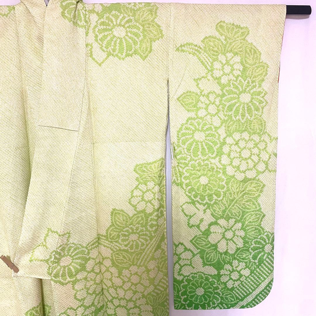 5k502 振袖　正絹　袷　総絞り　中振袖　緑　白　花柄　和装　着物