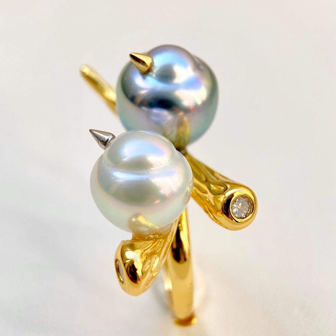 本真珠南洋黒蝶と白蝶真珠オーシャンブルーとブルー無調「鳥と枝」リングY1028