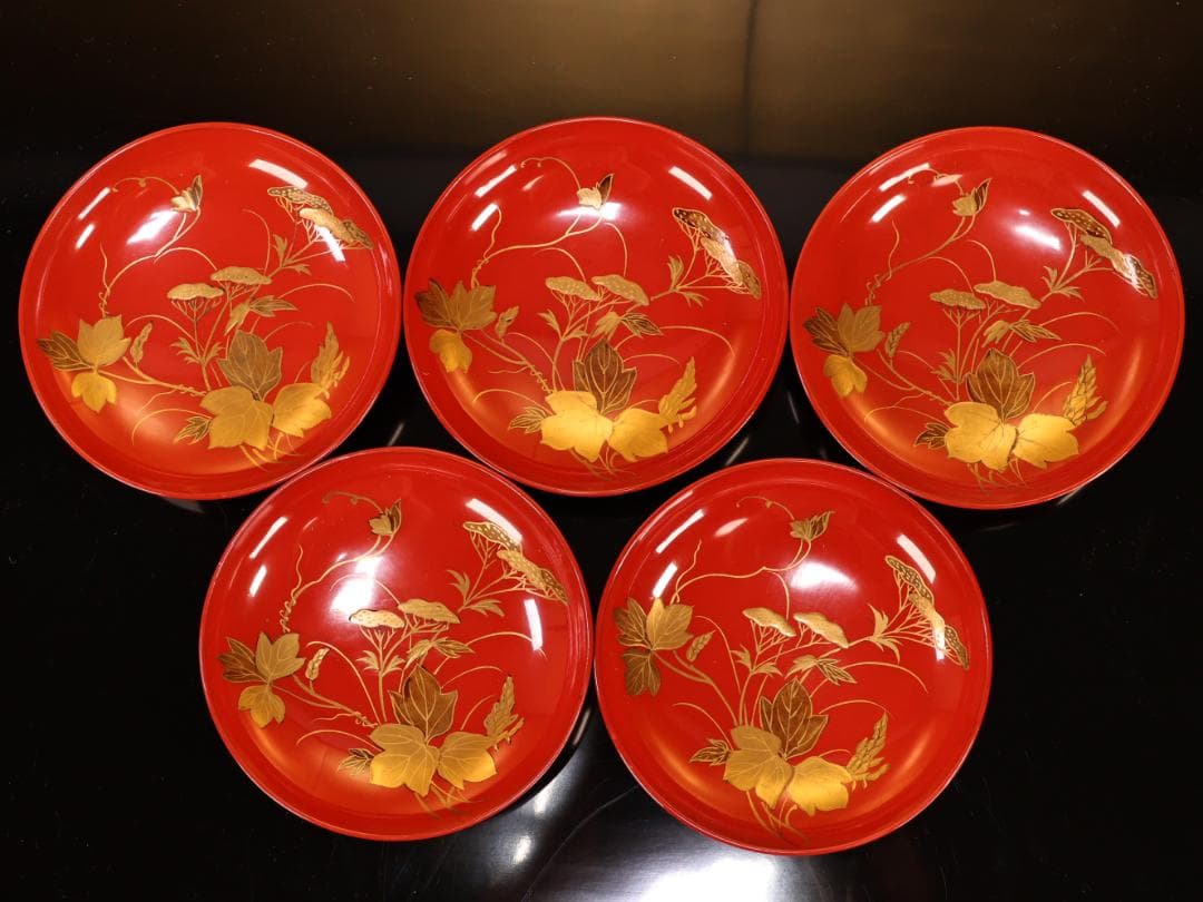 BK421　時代輪島塗　草花図金蒔絵　吸物椀　五客　木製　茶道具 懐石 菓子