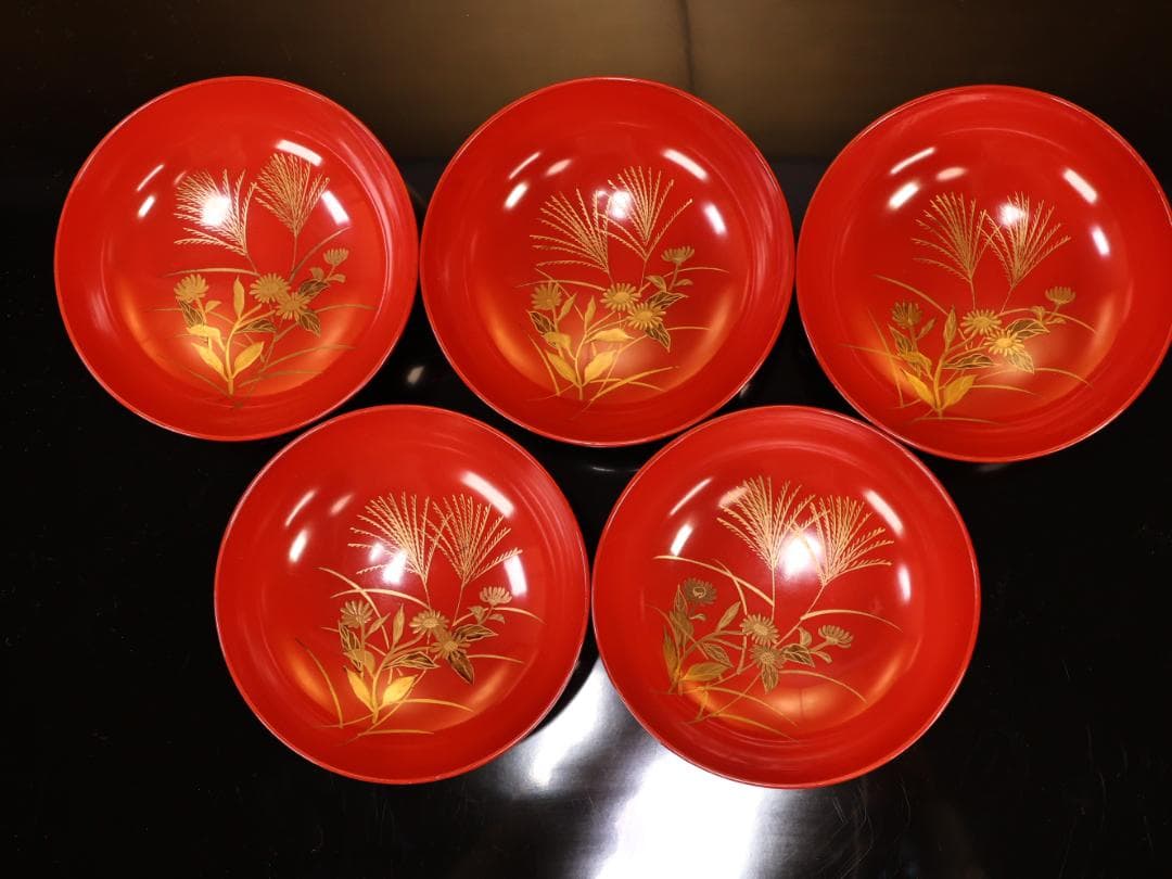 BK421　時代輪島塗　草花図金蒔絵　吸物椀　五客　木製　茶道具 懐石 菓子