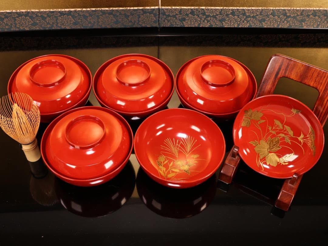 BK421　時代輪島塗　草花図金蒔絵　吸物椀　五客　木製　茶道具 懐石 菓子