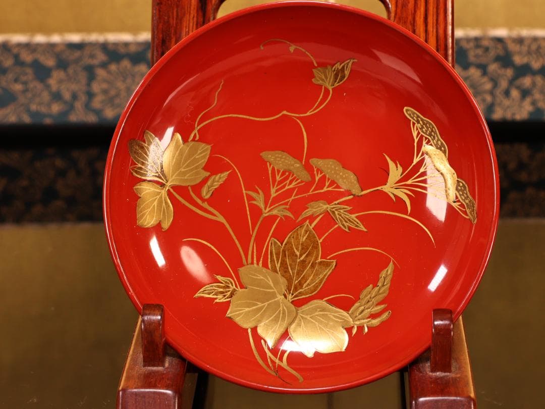 BK421　時代輪島塗　草花図金蒔絵　吸物椀　五客　木製　茶道具 懐石 菓子