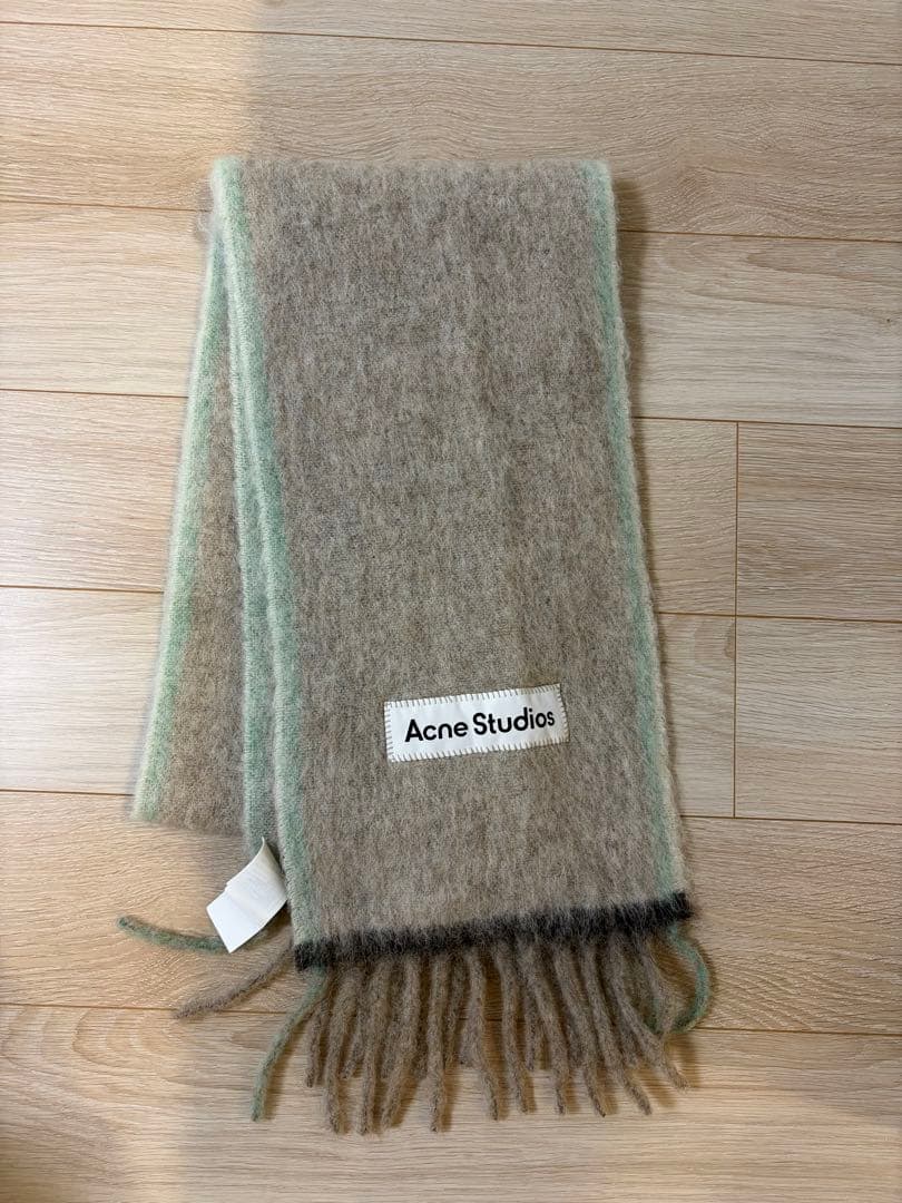 Acne Studios マフラー ベージュ グリーン フリンジ付き