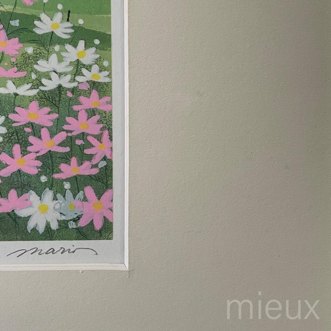 イシヤママリオ（石山毬緒）「コスモス」リトグラフ 額付 サイン入り 中古