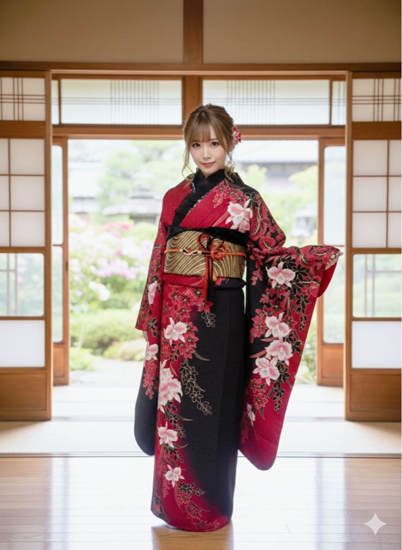 美品　正絹振袖フルセット　銀通し　黒地　花柄　鈴ガード付き　成人式