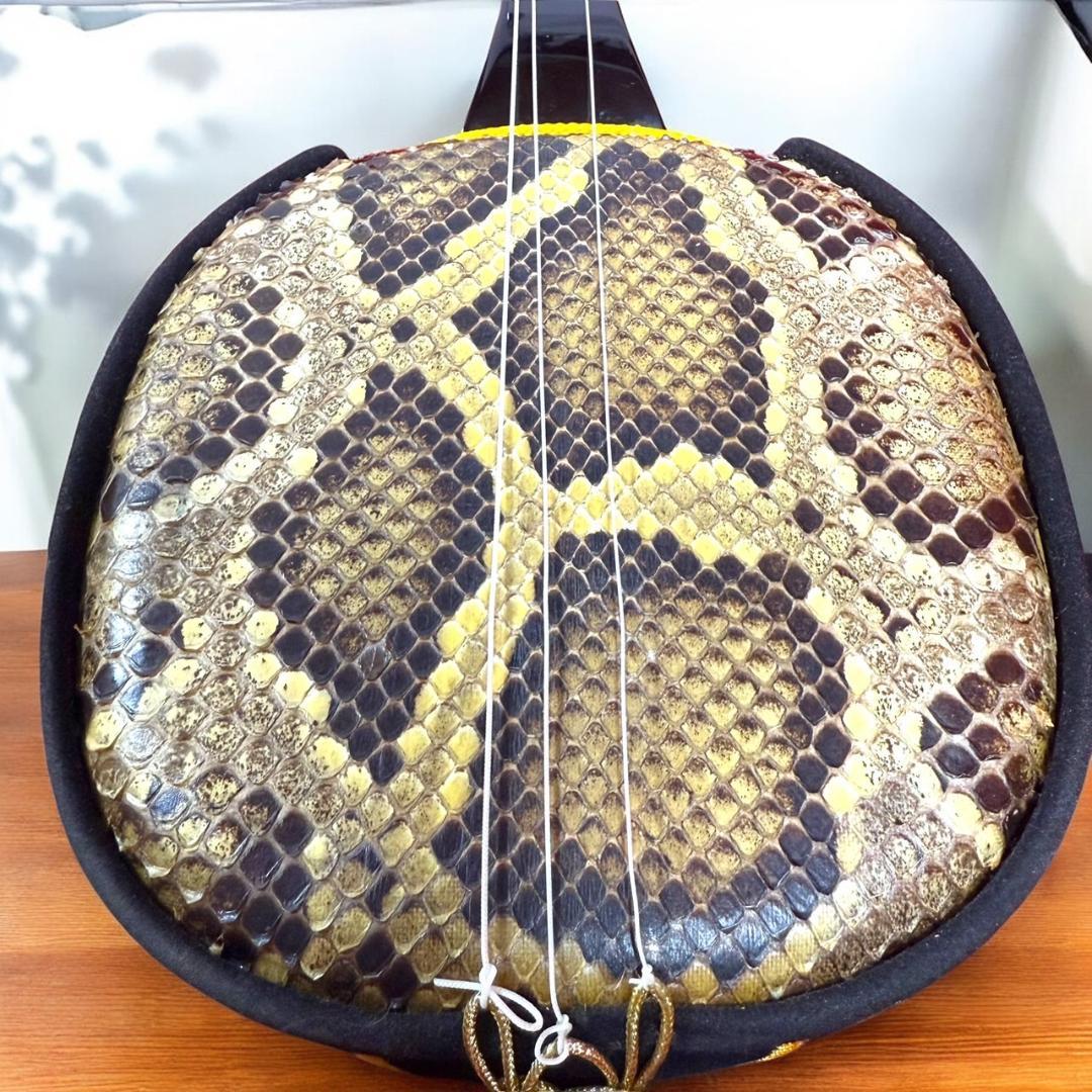 ☆美品 沖縄 琉球 三線 本蛇革 本革 蛇革 本皮 蛇皮 爪 ケース付 伝統楽器