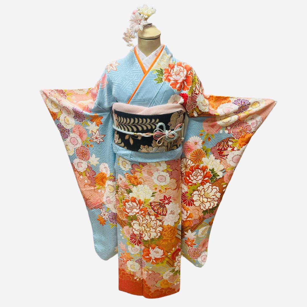 振袖 正絹 古典柄 水色 正統派 6点セット