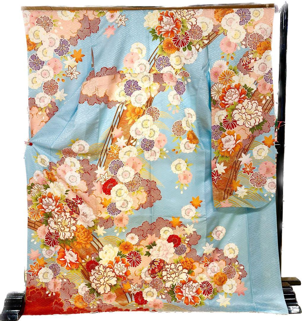 振袖 正絹 古典柄 水色 正統派 6点セット