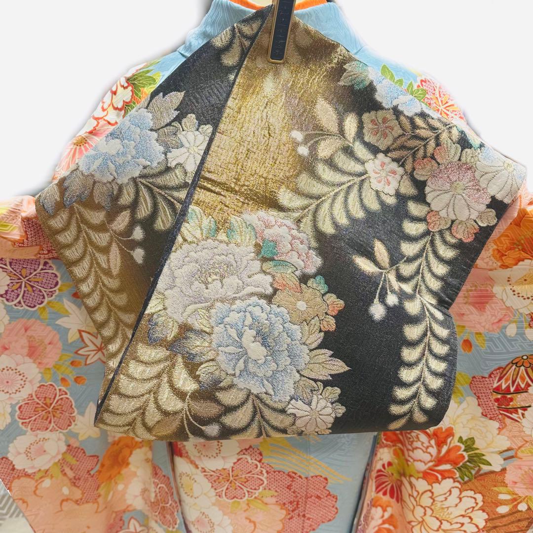 振袖 正絹 古典柄 水色 正統派 6点セット