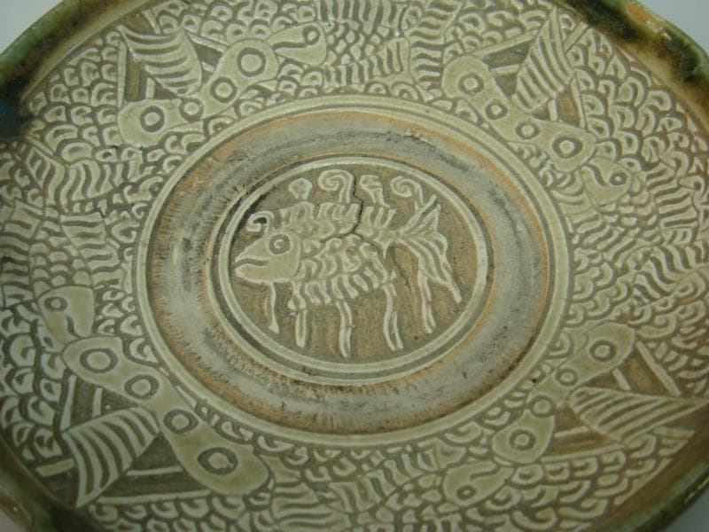 皿■青磁魚文 四ツ口皿 魚紋 古い菓子鉢 古玩 中国 時代物 骨董品■