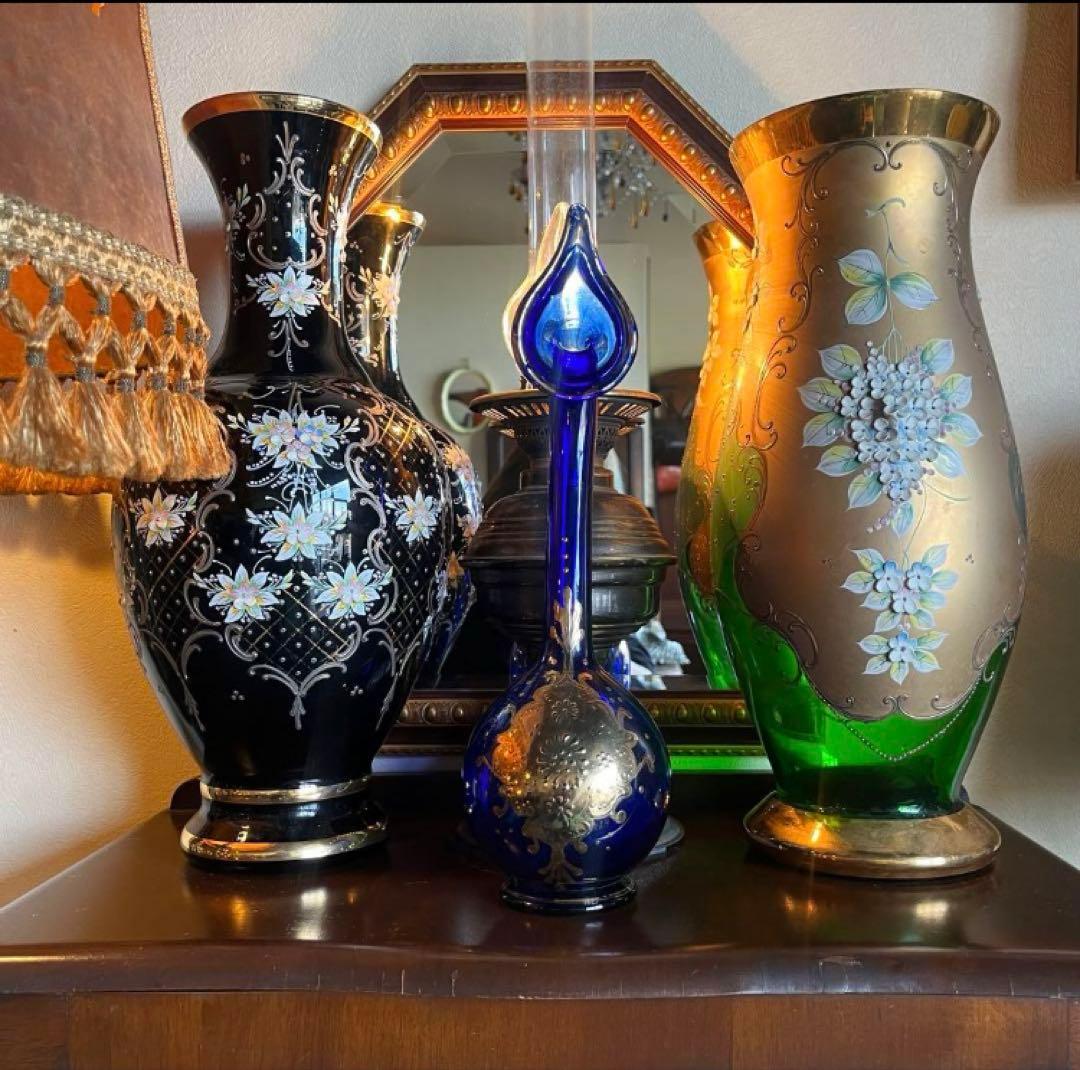 湯布院アンティーク ベネチアンガラス フラワーベース大花瓶 ハンドメイドグリーン