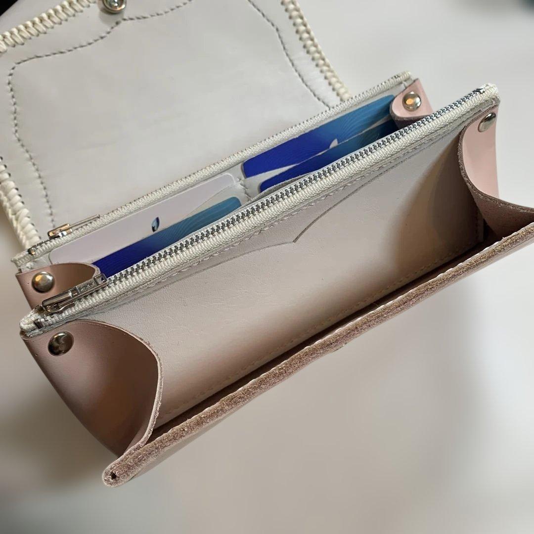 レザークラフト牛革ベビーピンクダルメシアン柄ハラコアコーディオン長財布牛レース編